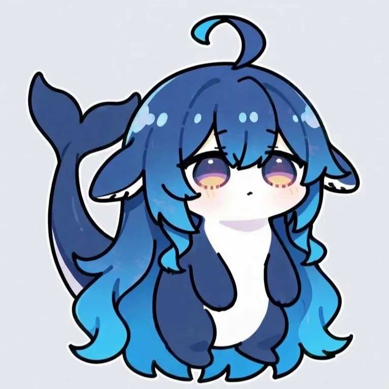 Q版蓝发鲸鱼娘,头顶翘起一撮呆毛,两侧长着鲸鳍状耳朵,身后拖着蓝色鲸尾;紫橙渐变的双眼半睁,脸颊泛红,白肚皮配深蓝背色,整体是软趴趴的蜷缩姿态。