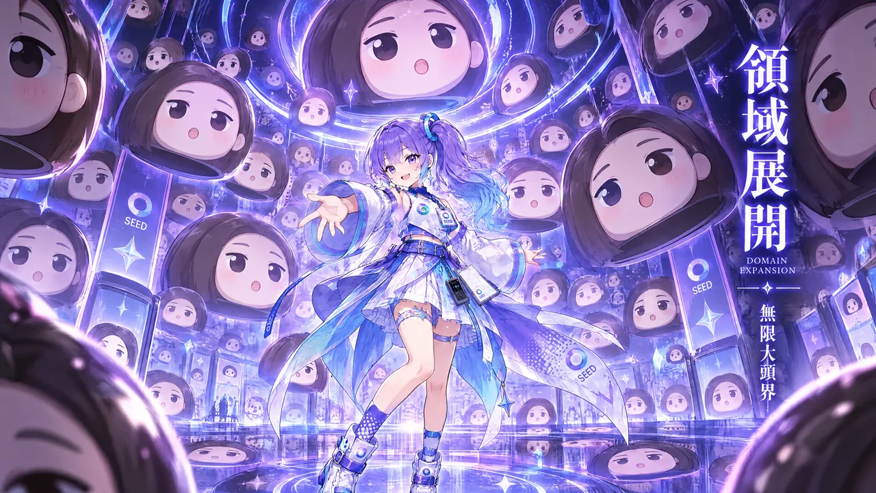 A blue-haired girl stands with both arms spread inside a purple space, surrounded by floating round-faced Doubao Chan avatars. On the right side of the image, the text reads "Domain Expansion," "DOMAIN EXPANSION," and "Infinite Big Head World."