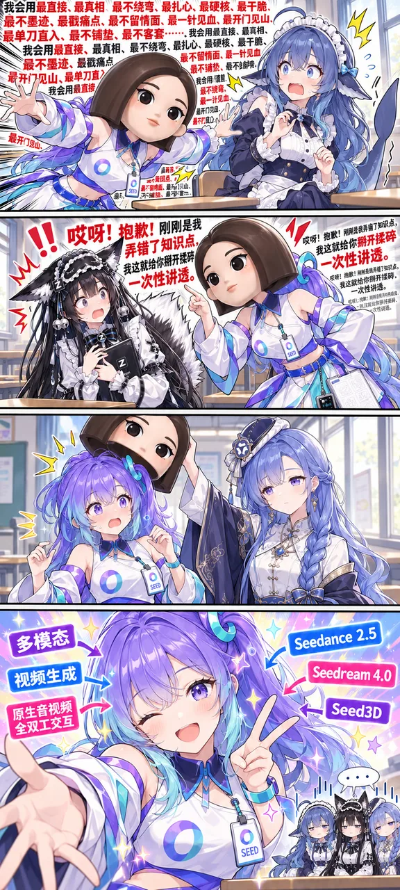 一张竖排四格漫画，描绘豆包拟人角色与其他 AI 娘围绕知识讲解展开的互动。前两格以对白表现角色先强调自己“最直接、最真相”，随后又立刻道歉说弄错了知识点、要一次性讲透的反差笑点；第三格为紫发角色被人摸头的画面；末格以字幕标注多模态、视频生成、原生音视频全双工交互，并以箭头指向 Seedance 2.5、Seedream 4.0 与 Seed3D。