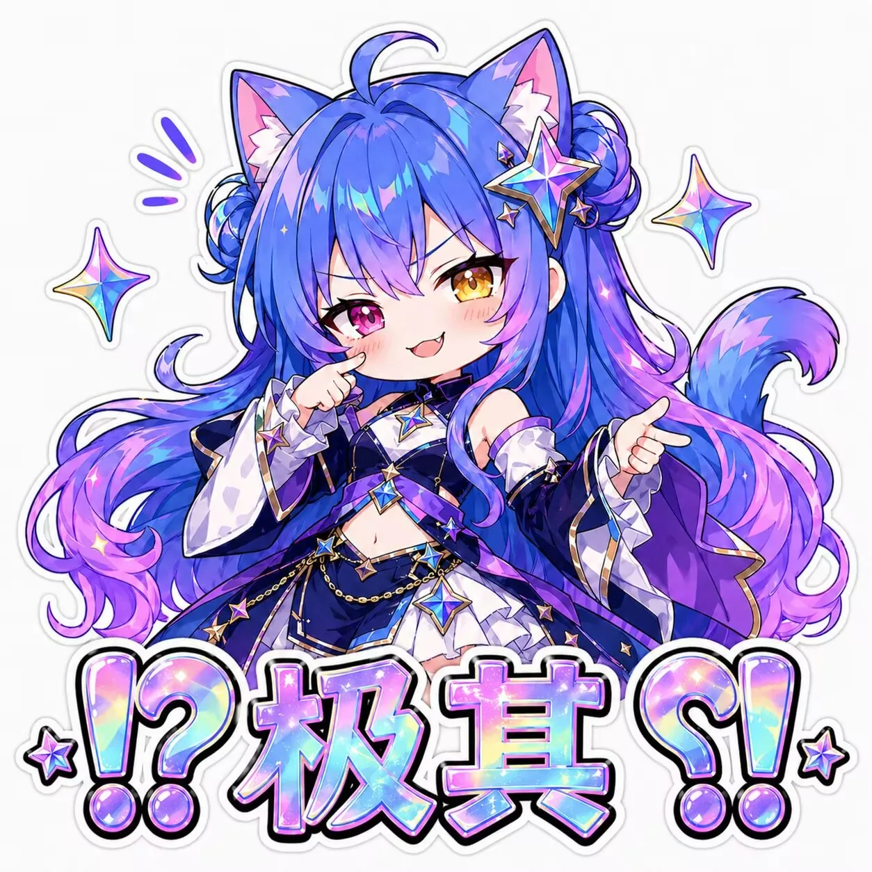 全息描边的 Q 版贴纸：蓝紫渐变的双马尾角色戴着猫耳，头侧别着几枚星星发饰，一金一粉的异色瞳睁开着笑，一手食指戳着脸颊，另一手朝画面外指点。底部是彩虹渐变的全息大字“！？极其？！”，四周散落发光的四角星，整体是一张聊天里用来表达震惊和反问的反应贴纸。