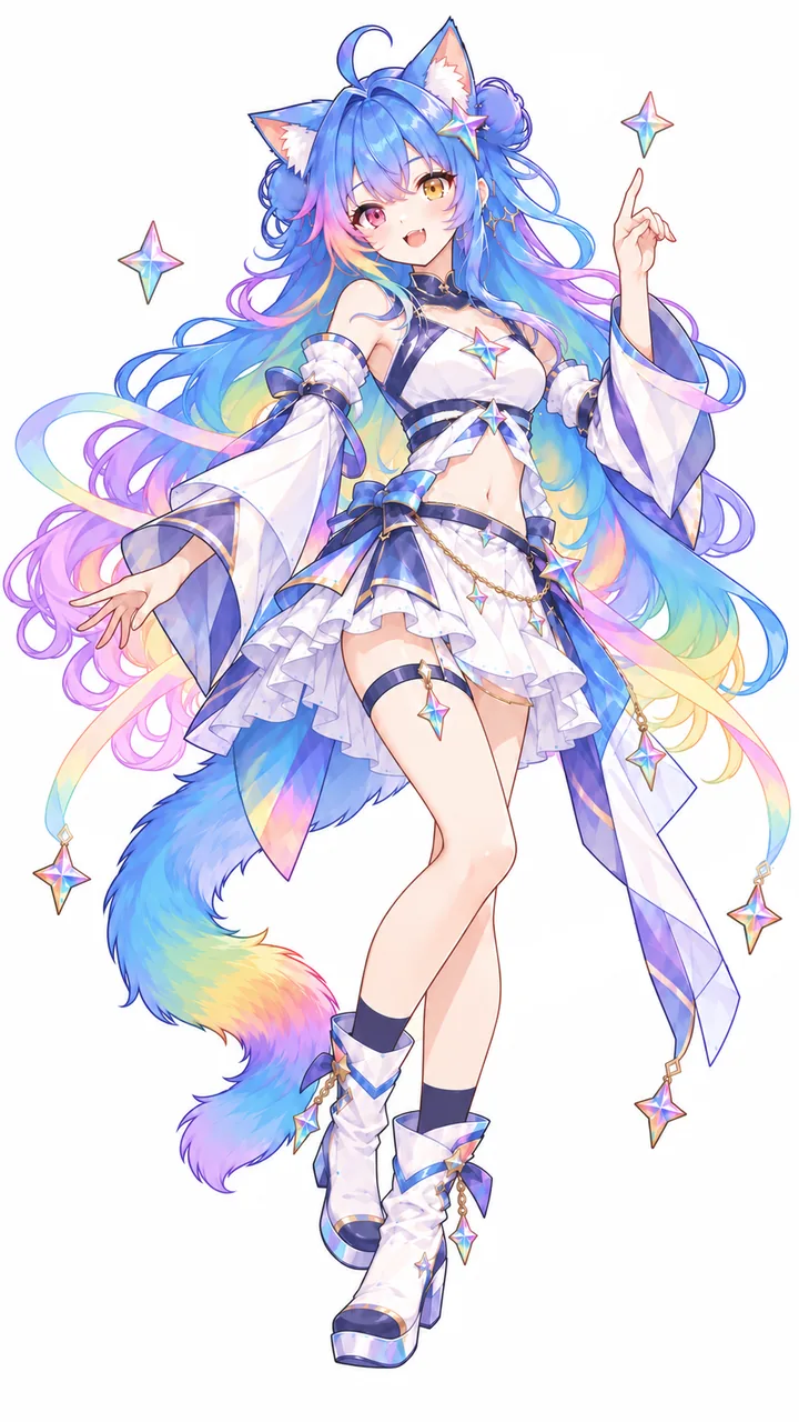 AI 角色拟人化的彩虹长发猫耳少女，身穿白蓝星辉服饰，在白底上呈全身站立姿态。