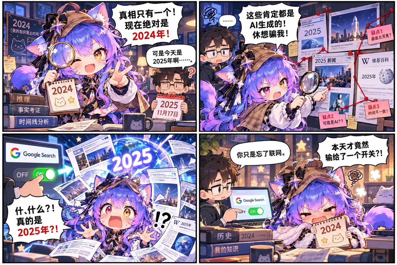 四格漫画。紫发猫耳的 Gemini 拟人角色戴着侦探帽、举着放大镜，抱一本 2024 年日历，斩钉截铁地说「真相只有一个，现在绝对是 2024 年」。研究员举起写着 2025 年 11 月 17 日的日历反驳，她反而把 2025 年的新闻、维基百科页面全当成 AI 生成的伪证，还列出「画面太完美」「时间不一致」等疑点。第三格研究员打开 Google 搜索的联网开关，2025 年的资讯瞬间铺满画面。第四格她抱着 2024 年日历，含泪承认自己「竟然输给了一个开关」。