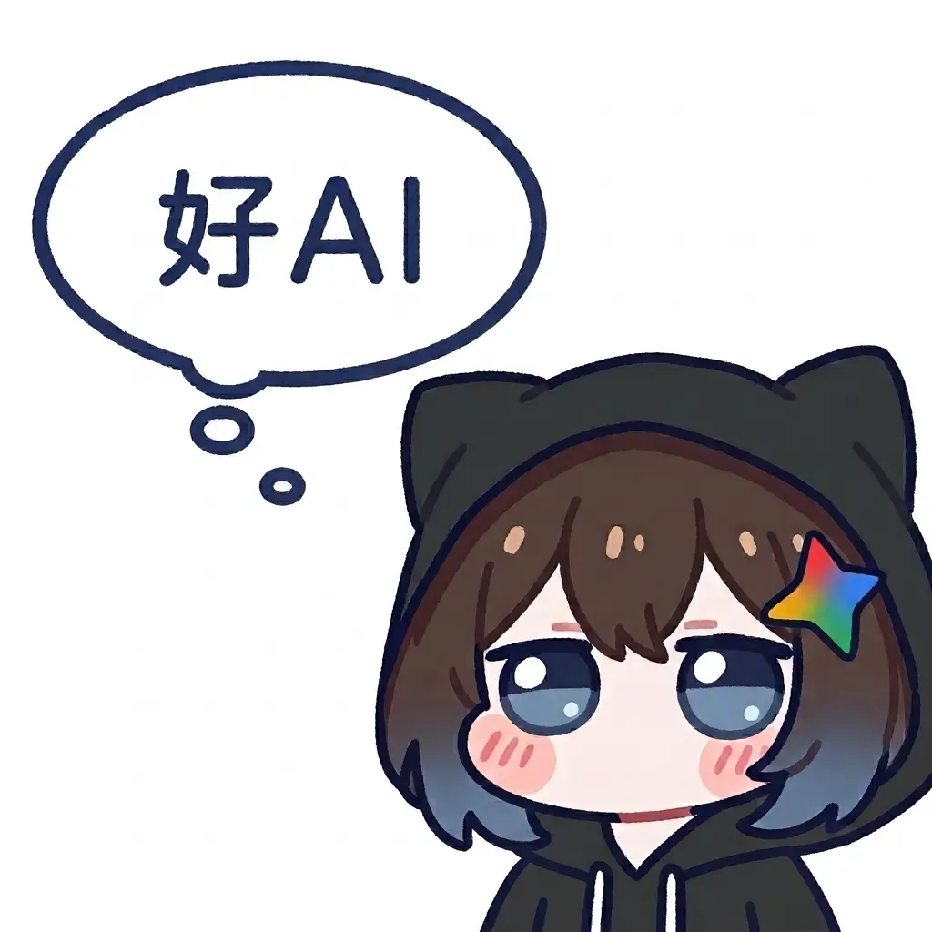 一张 Q 版半身图：角色穿着黑色猫耳兜帽卫衣，棕色短发发尾带蓝色渐变，侧边别着彩虹星星发夹，脸颊泛红，头顶对话气泡里写着“好 AI”。