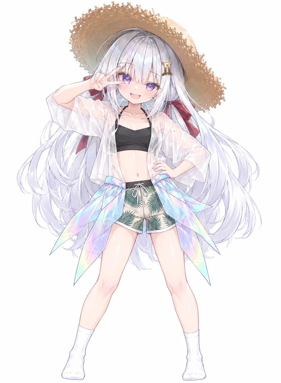 Geminiの擬人化キャラクターの全身立ち絵。銀白色の長い髪が体の横に広がり、紫の瞳には星形のハイライト、髪には金色の双子座記号のヘアアクセサリー、頭には麦わら帽子をかぶっている。黒いビスチェに白い透け感のある半袖アウターを重ね、下はヤシの葉プリントのショートパンツ、腰の両側には虹色の透明なリボンが広がり、白いミドルソックスと白い靴。右手は目の前でVサイン。原投稿の説明：作品はPixiv（https://www.pixiv.net/artworks/150323370）およびBilibiliの同名アカウントで公開されており、CC BY-NC-SA 4.0ライセンス。