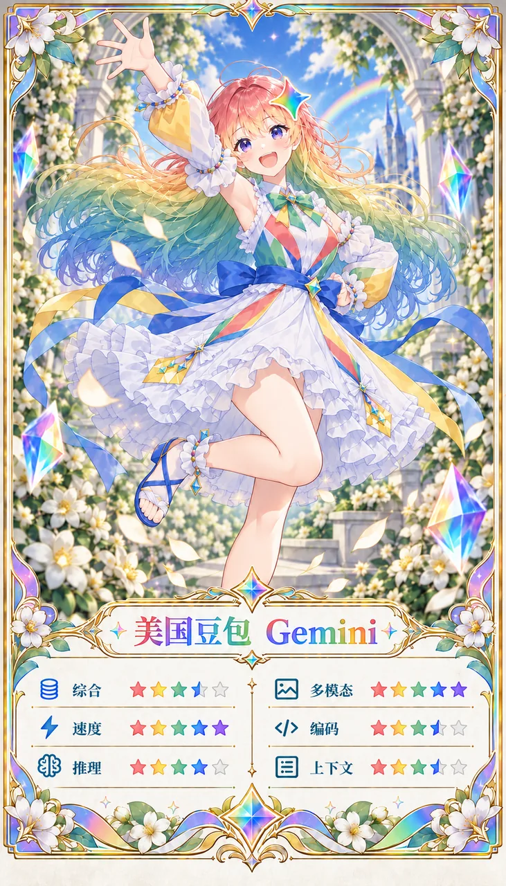 一张彩虹发色少女的 Gemini 拟人化卡牌立绘,附综合、多模态、速度、编码、推理、上下文六项星级评分。