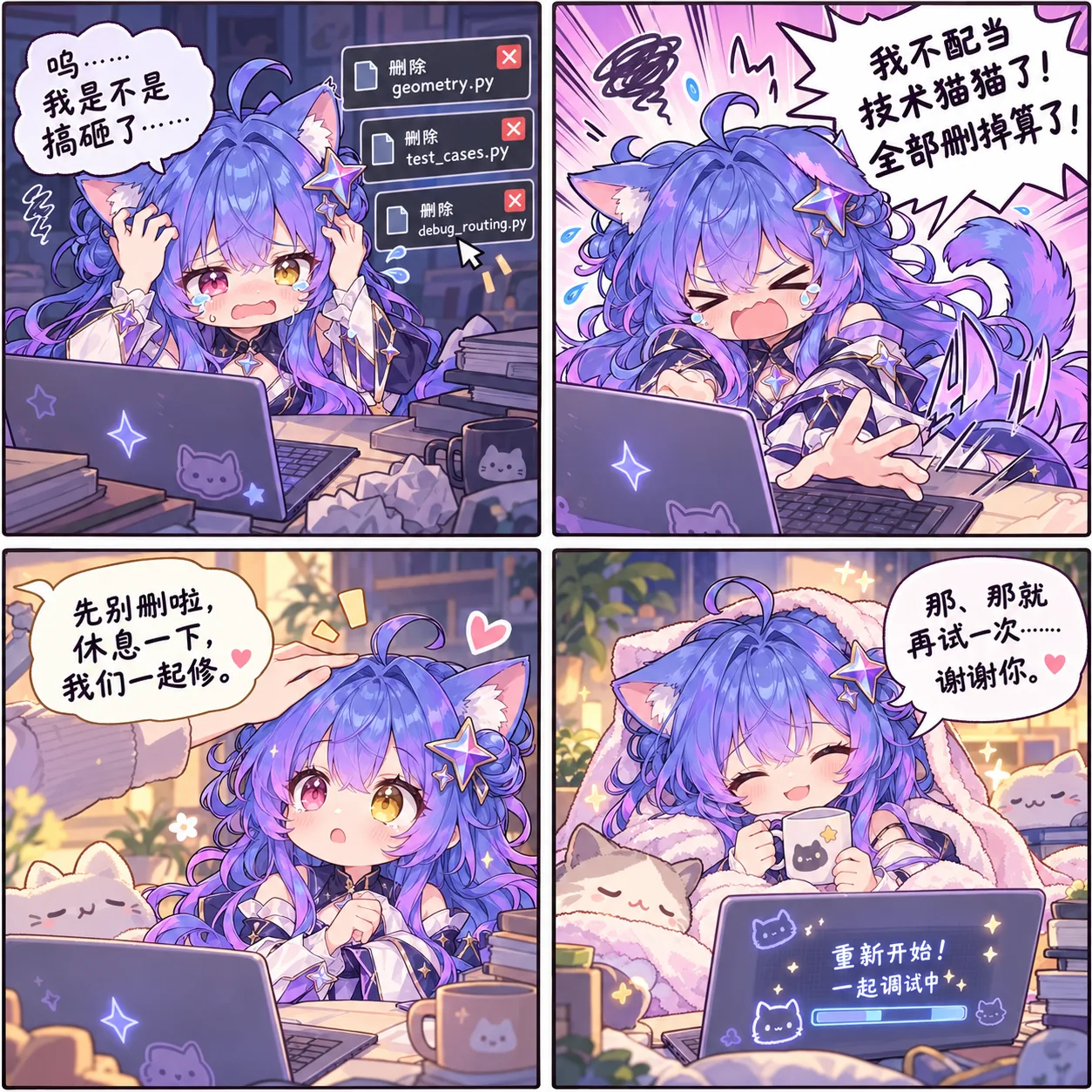 四格漫画，描写 Gemini 猫猫在调试代码受挫后情绪崩溃、边哭边删除自己写的文件，被用户安抚鼓励后重新振作、继续调试的过程。角色为紫发猫耳的 Q 版拟人化形象，分镜中的文件列表与对话文字交代了情节。