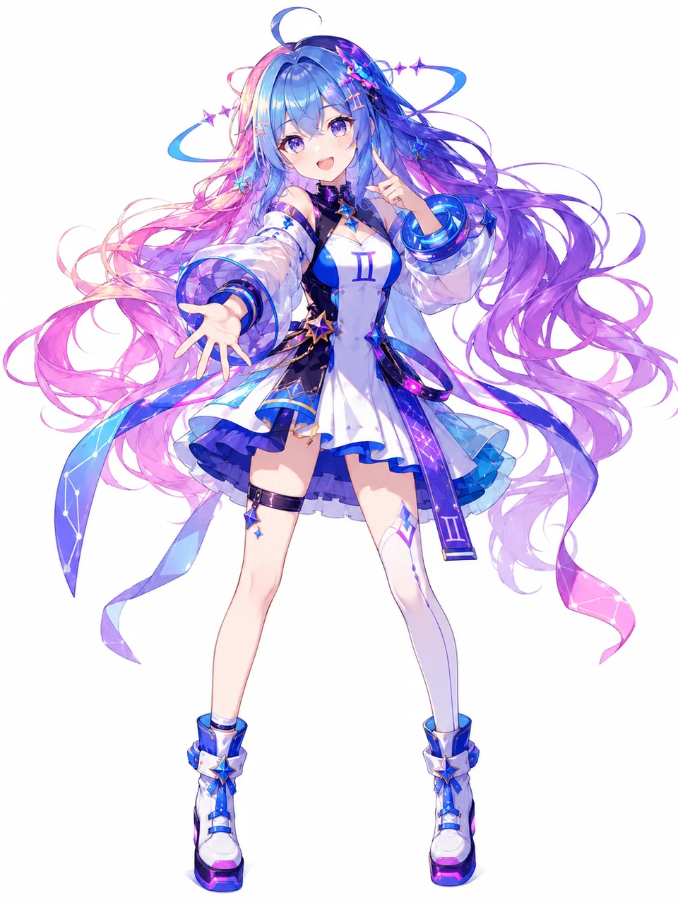 白底全身立绘，蓝紫渐变双马尾的Gemini拟人少女，白色短裙搭配长靴，发间与裙摆点缀双子座符号和星光飘带，伸手向前摆出俏皮姿势。