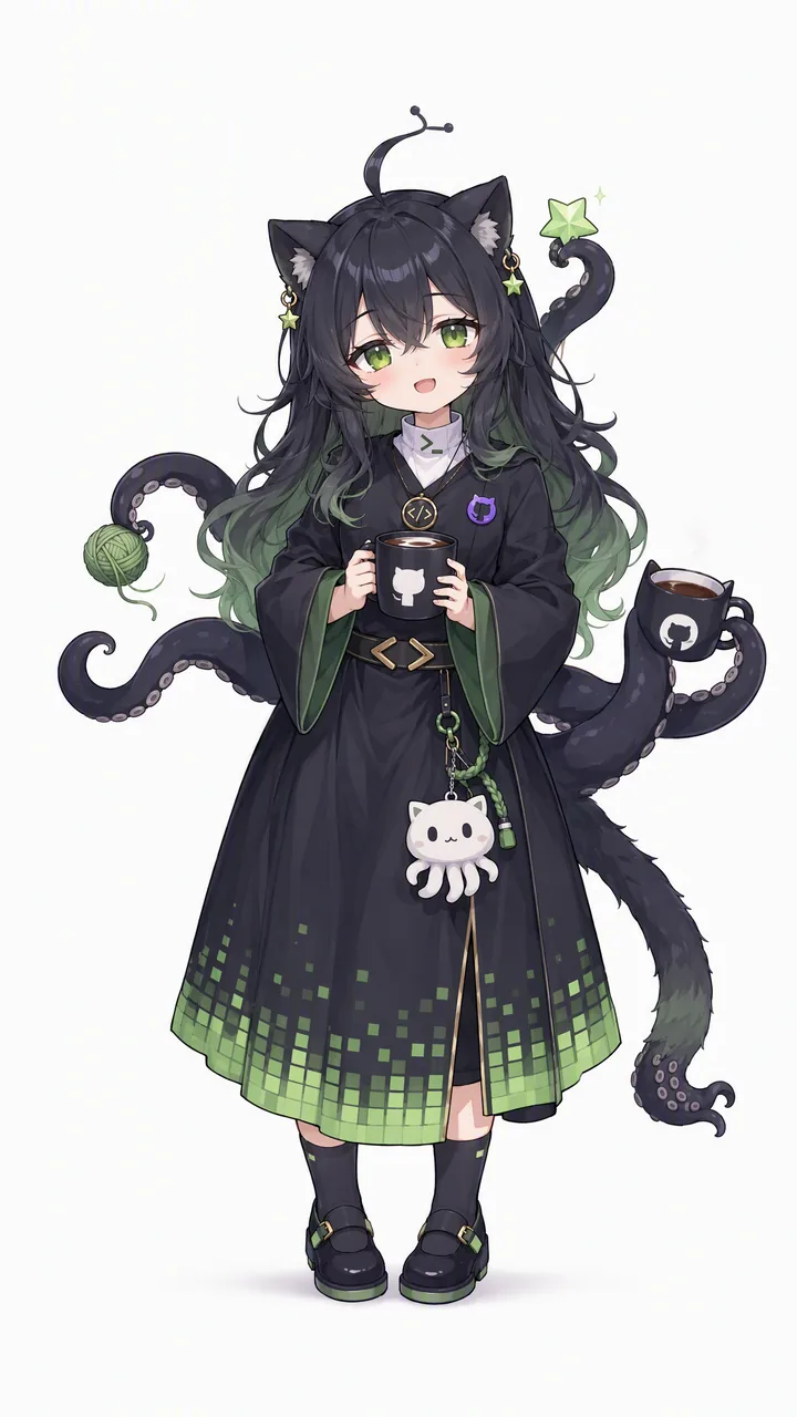 白底全身立绘。Git 三姐妹中的 GitHub 娘留着黑绿渐变的蓬松长发，头顶一对猫耳；多条带吸盘的黑色触手从背后伸出，卷着绿色毛线团，还托着一只印有白色猫头图案的黑色马克杯。她身穿黑袍，袖口与裙摆镶着绿色方块像素边，胸前挂着尖括号吊坠，腰上坠着白色章鱼猫挂件，手里捧着同款猫头杯。