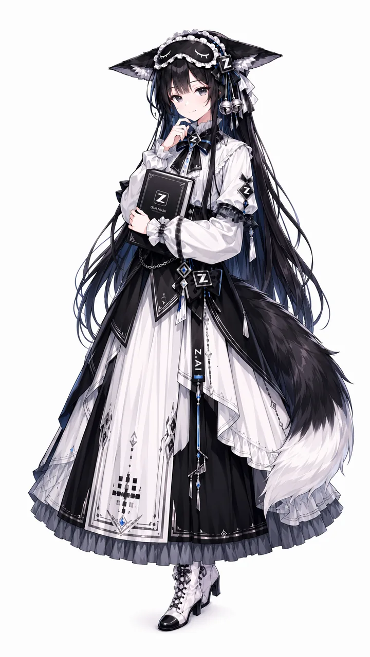 白い背景の全身立ち絵です。GLMちゃんは黒い長い髪に大きなキツネの耳、先が白いふさふさのしっぽを持っています。白と黒のフリルワンピースに青いリボン、レースのヘッドドレスと鈴の飾りをつけ、先が黒い白い編み上げブーツを履いています。両手ではZのマークが入った黒い本を抱えています。
