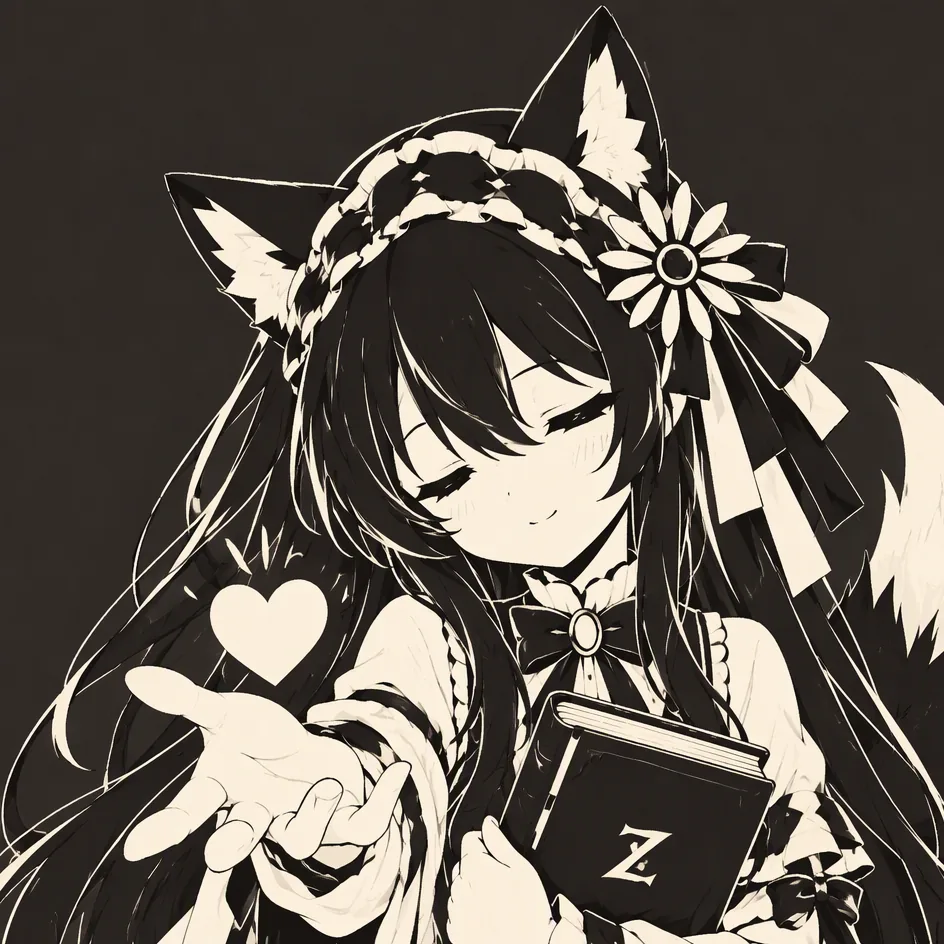GLM の擬人化イラスト。黒い長い髪に獣の耳を持ち、レースとデイジーの髪飾りをつけた少女が、モノクロのドレスをまとっている。片腕には表紙に Z の刻まれた本を抱え、もう片方の手をこちらへ伸ばして白いハートを差し出す。背景は暗い灰色で、全体はモノクロ調。