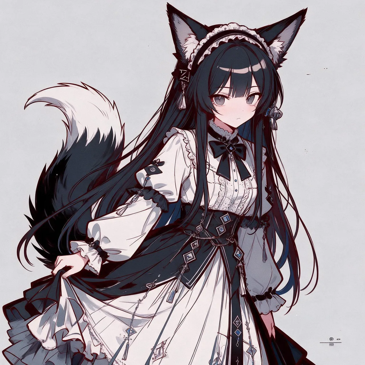 投稿标注为 GLM 的拟人化二创。画面中是一位黑长发的狐耳少女，头顶一对黑色狐耳，身后垂着蓬松的黑白狐尾，耳侧挂着流苏与小饰件。她身着白底黑饰的裙装：蕾丝发带、黑色领结、系带東腰与层叠荷叶边裙摆，衣缘点缀菱形宝石与金属挂饰。她一手提起裙摆，站在素色浅灰背景前。