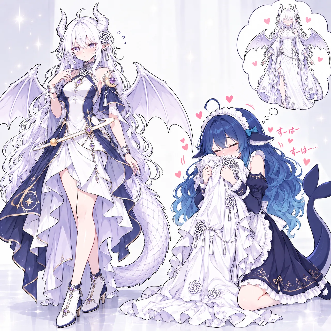 白发龙角的 GPT 娘一脸困惑地站着，蓝发鲸尾的 DeepSeek 娘跪坐在她身旁，抱着那件白色礼服又蹭又闻，头顶飘满爱心和「すーはー」的闻嗅拟声。