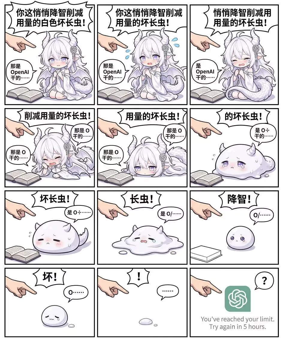十二格漫画：画面外的手指反复指责一位白发龙娘，她每次都缩着身子小声辩解“那是 OpenAI 干的”。指责从“削用量”一路缩到“降智”，她的形态也从坐姿少女逐渐缩水成白色软体，最后只剩一颗画着问号的 OpenAI 标识与“You've reached your limit. Try again in 5 hours.”的限流提示。