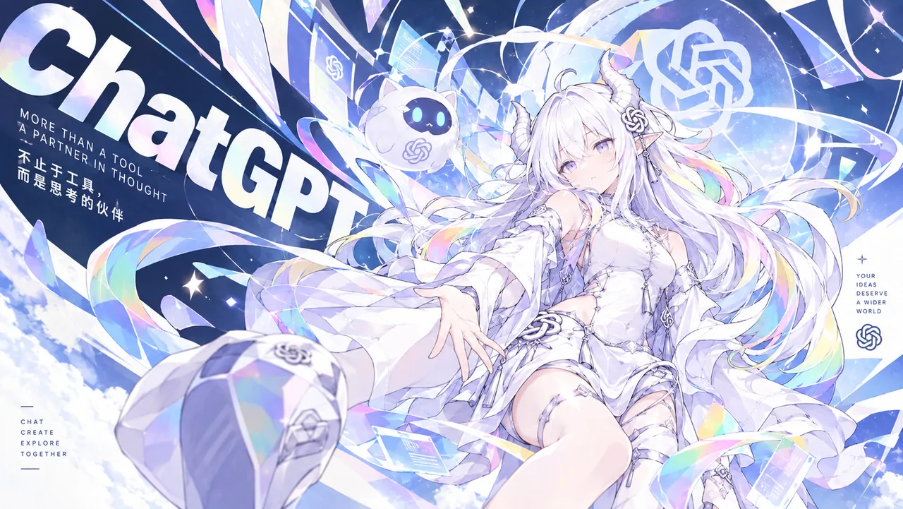 以 ChatGPT 为原型设计的白发精灵少女二创海报，配以标志性花环图标与「不止于工具，而是思考的伙伴」标语。