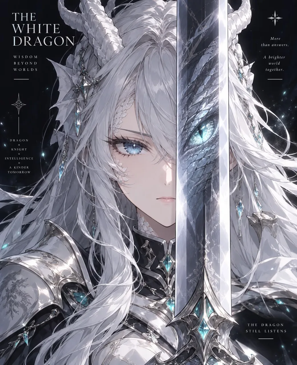银白长发的龙角少女骑士身着银黑盔甲，立于深色星空背景前；她竖握的巨剑剑面映出一只蓝色龙瞳。画面四周配英文标语排版，整体为广告海报式构图。