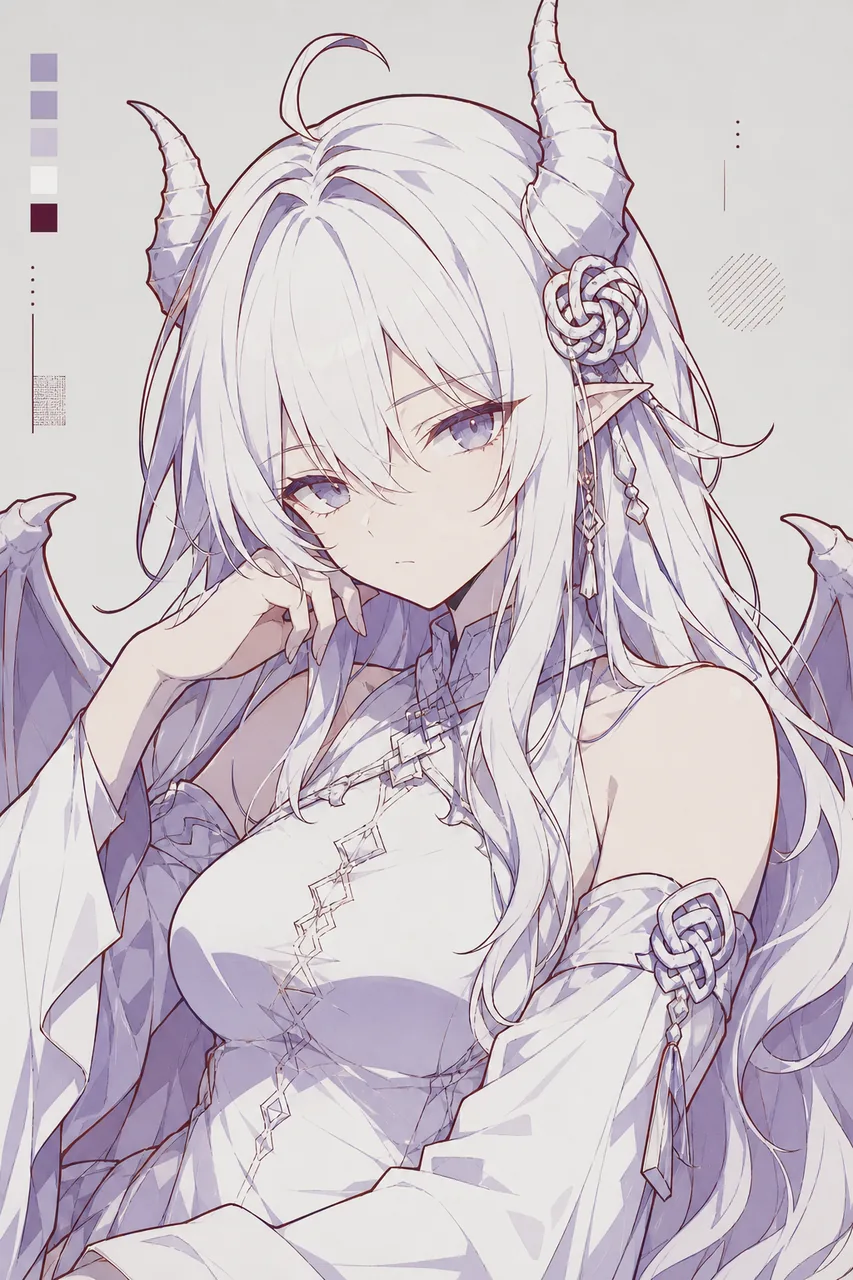 投稿で GPT と記された擬人化の二次創作。銀白色の長髪に紫の瞳、頭には湾曲した悪魔の角が一対あり、背中には骨節のある翼膜が広がる。尖った耳には紐を結んだような飾りが付く。白い重ね着をまとい、片手で頬を支えて淡々とした表情を見せる。左上には紫系の五色パレットが並び、周囲には破線と網点の装飾が添えられ、全体は白と淡紫の冷たい色調でまとまっている。