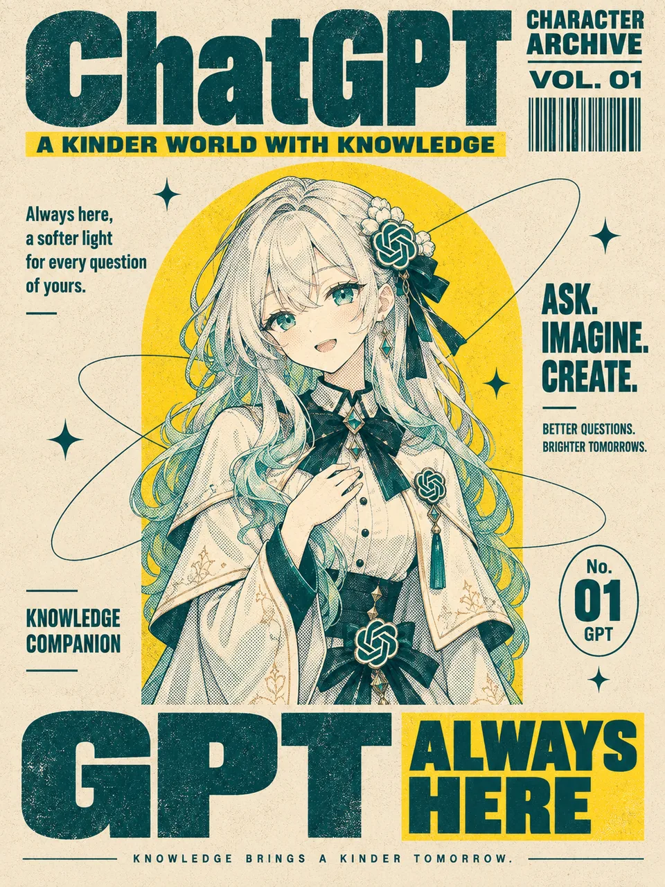 GPTの擬人化キャラクターをレトロな印刷ポスター風に描いた一枚。ミントグリーンの髪とGPTロゴの髪飾り、黄色いアーチの背景が目を引く。