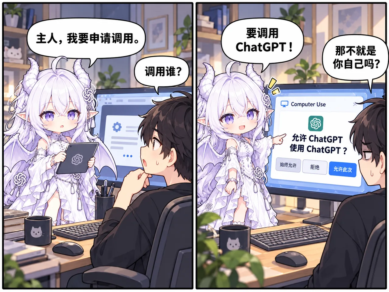 白发龙角少女向主人申请调用权限,结果点名要调用 ChatGPT,被吐槽「那不就是你自己吗」的两格搞笑漫画。