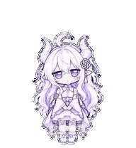 白背景のちびキャラ全身イラスト。白い髪に竜の角を持つ少女が、淡い紫の重ね着ドレスをまとい、背後にハート形の飾りを配して静かな表情で描かれている。