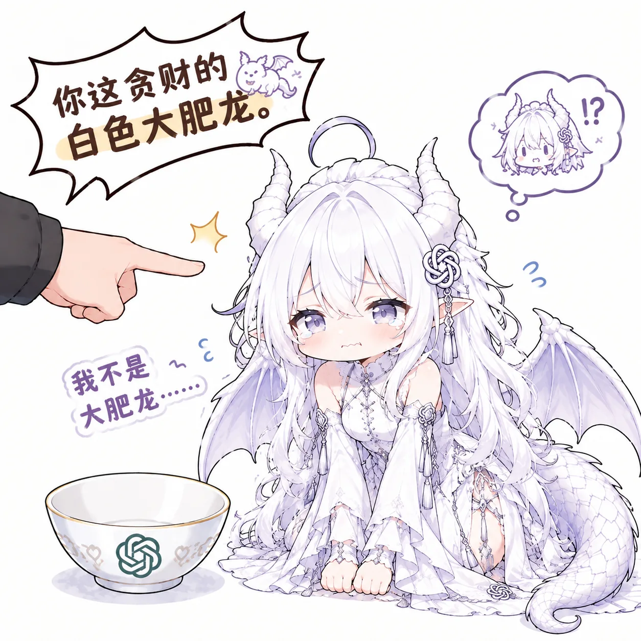 GPT 娘的 Q 版拟人二创：白发白裙的白色小龙跪坐在地上，眼里含着泪，画面左侧伸来一只手直指着她。上方气泡写着“你这贪财的白色大肥龙。”，她小声辩解“我不是大肥龙……”，脚边放着一只印有 OpenAI 标志的白碗，右上角小气泡里是她惊讶的 Q 版头像。作品基于社区开源的 GPT 二创形象与同系列社区二创表情包，由投稿者使用 ChatGPT 合成。