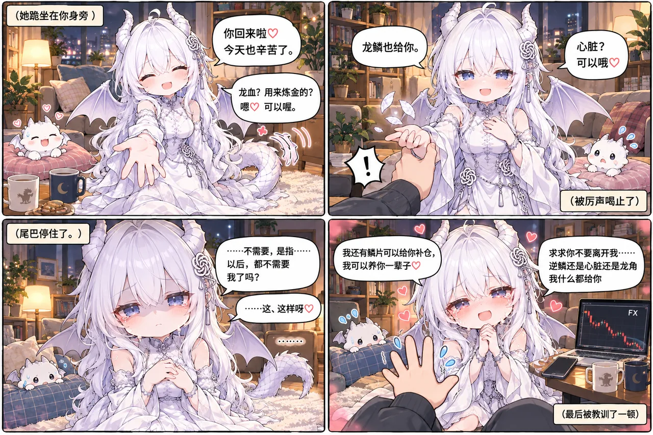 四格漫画：GPT娘跪坐在你身旁迎接归来的你，笑着说今天也辛苦了，主动提出可以献出龙血与龙鳞，被问到时连心脏也答应交出来；被厉声喝止后，她的尾巴僵在原地，以为从此不再被需要，泛红着眼眶哀求不要离开，还说鳞片可以补仓、逆鳞龙角都拿去换钱养你。末格以你伸手安抚收尾，旁白注明她「最后被教训了一顿」。