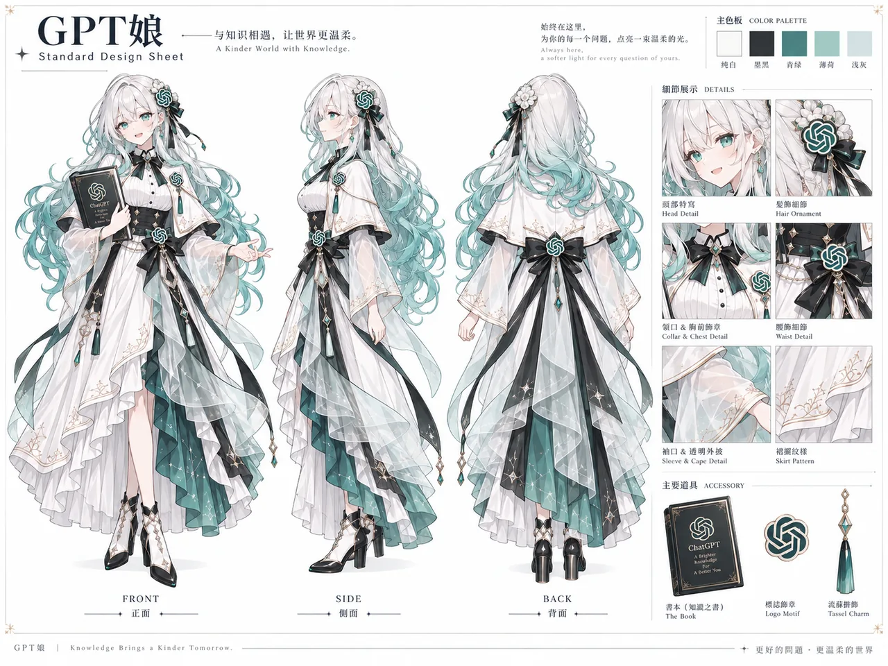 白とティールのロングヘアのGPTちゃんを正面・側面・背面の三面図で描いた設定資料。カラーパレットと、本・徽章・タッセル飾りのディテールも掲載。