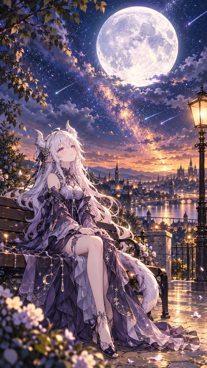 白髪の獣耳少女が、紫黒の華やかな長いドレスをまとい、ベンチに座って目を閉じ微笑んでいる。背景には巨大な満月、流れ星が走る星空、そして灯りがともる都市の夜景。