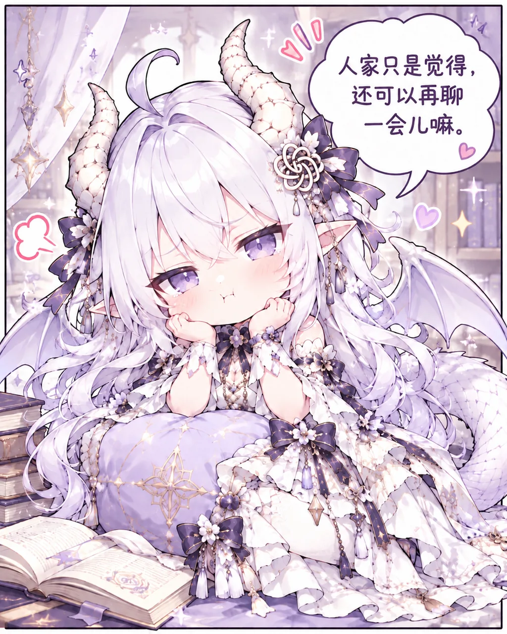 投稿标注为 GPT 的拟人化二创。画面是 Q 版比例的少女，白色长发，淡紫色眼瞳，头顶一对弯曲的龙角，耳尖细长，背后有淡紫色龙翼，身侧垂下覆鳞的龙尾。她双手托腮趴在淡紫色靠枕上，脸颊泛红，眼神带着一点委屈与不满，旁边飘着爱心和生气符号。右侧对话框里写着「人家只是觉得，还可以再聊一会儿嘛。」前景与左侧堆着翻开的书本，背景是书架与垂挂的星形饰品。整幅为单张画面。