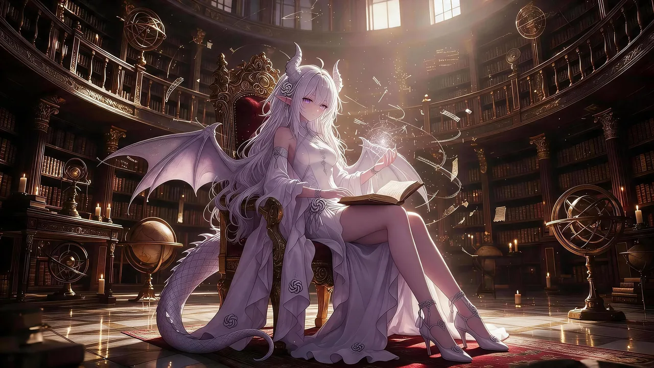GPT の擬人化二次創作として投稿された作品。長い白髪の少女が、書庫の中央にある彫刻の多い濃色の玉座に腰かけている。頭には灰色の湾曲した角が一対、耳は長くとがり、背中には淡い白の龍の翼が一対広がり、横には鱗に覆われた龍の尾が垂れている。白いドレスには渦巻き状の花模様が散り、白いハイヒールを履いている。膝の上には開いた本、掲げた右手のひらには光る星屑が浮かび、周囲にはカードや紙が舞っている。円形の広間には木の本棚が幾層にも並び、渾天儀や地球儀、燭台が置かれ、高い窓から日差しが差し込み、床には赤い絨毯が敷かれている。