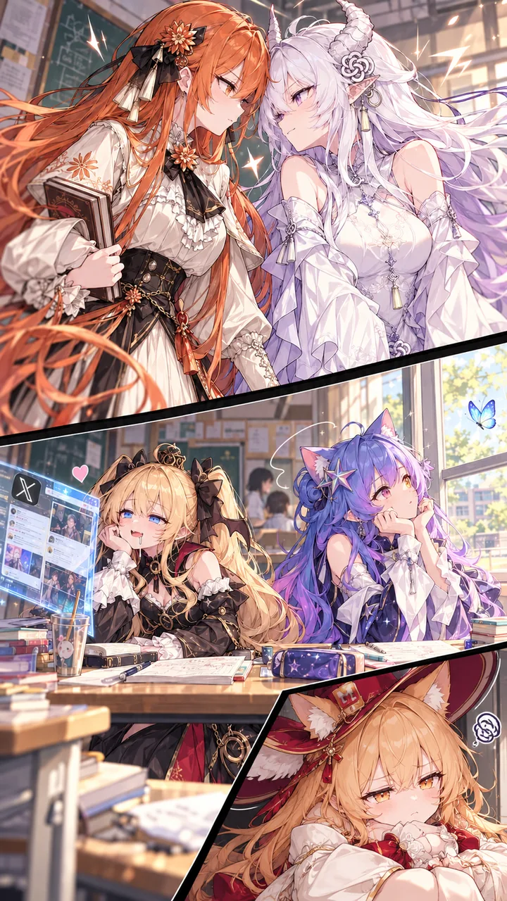 三格漫画：橙发少女与长角白发少女并肩而立，教室里的金发猫娘盯着屏幕流口水、紫发猫耳少女托腮放空，最后一格戴帽子的狐耳少女鼓脸不爽。
