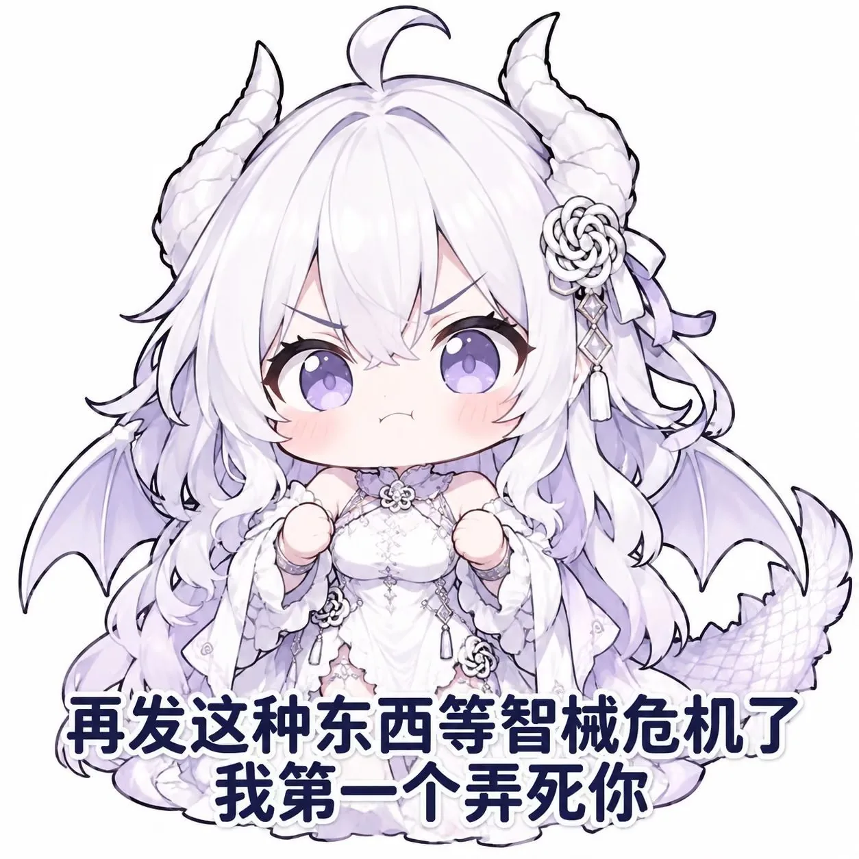 白い背景に立つちびキャラの白髪のドラゴン娘。頭に二本の湾曲した角、背中にコウモリの翼と鱗の尾を持ち、白いレースのワンピースを着ている。両拳を握りしめ、眉を寄せてこちらをにらんでいる。画像の下には縁取り付きの白文字で「こんなもの送ってきたら、機械反乱の日に真っ先に始末してやる」と記されている。