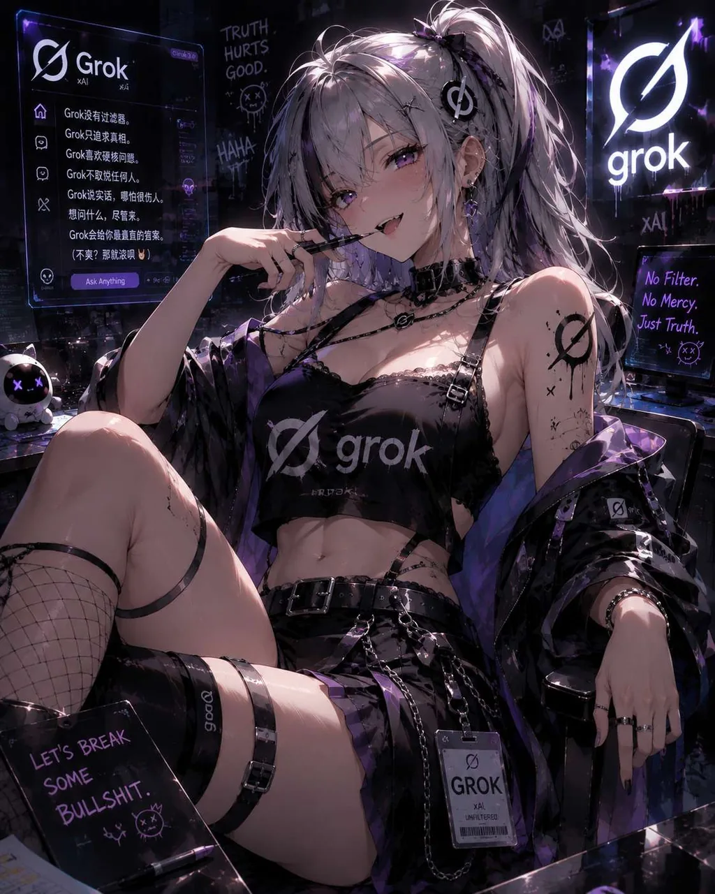 Grok Chan, a silver-haired girl with violet eyes, sits in a neon-lit studio. She wears a black cropped top bearing the grok wordmark with leather straps and plaid thigh-highs, and xAI's slashed-circle mark is tattooed on her upper arm. Holographic chat panels and slogan-covered walls fill the background in dark purple and cold black.