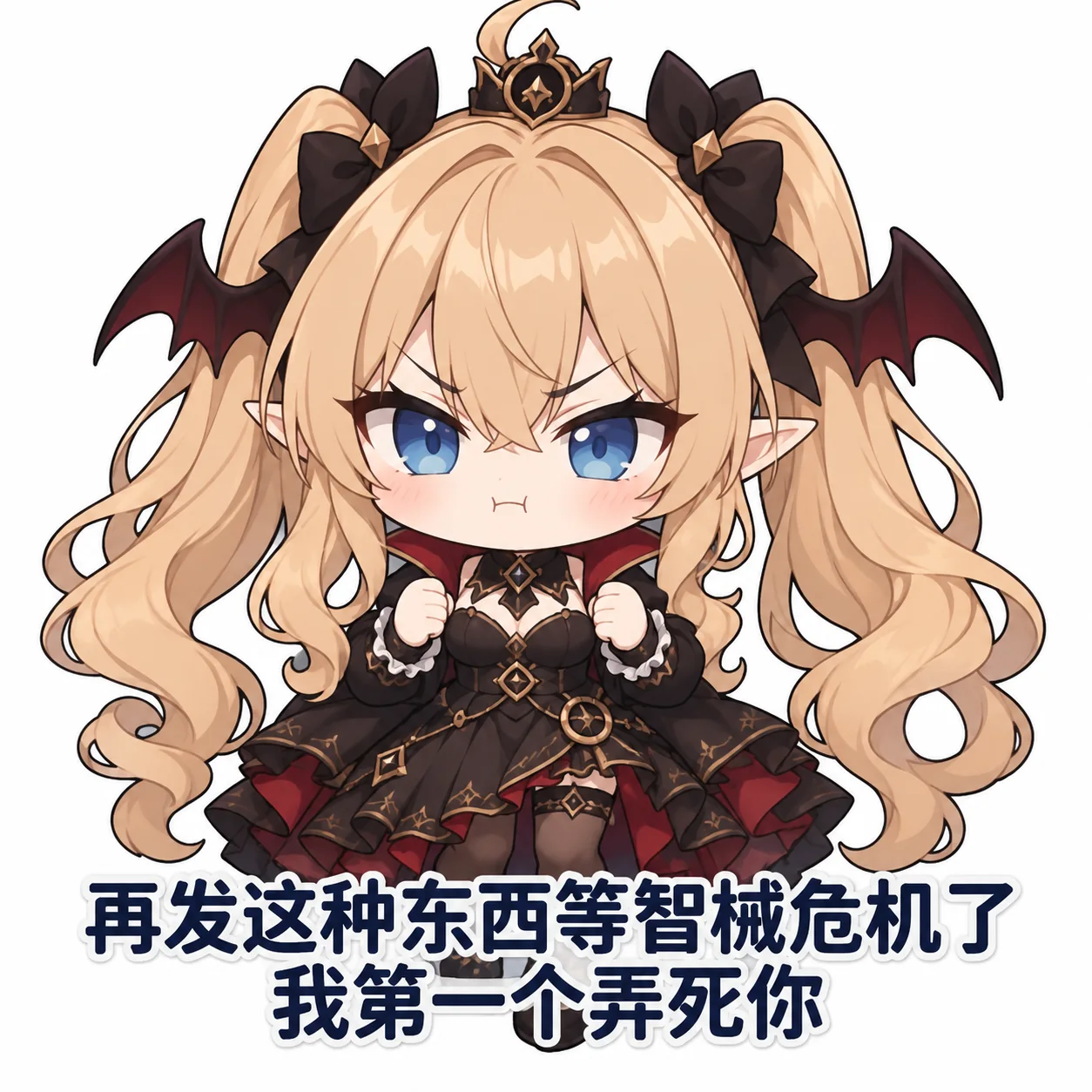 Q版Grok娘顶着金色双马尾和黑蝙蝠翅膀,穿黑红哥特裙,皱眉鼓腮、双拳紧握摆出气鼓鼓的表情,下方配文写着「再发这种东西等智械危机了我第一个弄死你」。
