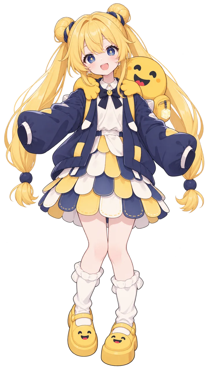 白底全身立绘。Hugging Face 娘是金发双马尾、头顶两个小丸子，一双蓝眼睛里闪着星星；她穿着宽大的海军蓝外套，袖子蓬松，内搭白色衬衫与深蓝蝴蝶结，领口的纽扣是一张黄色笑脸，裙摆由蓝白黄三色的花瓣状布片拼成，背上一只黄色笑脸玩偶，脚踩黄色笑脸鞋。