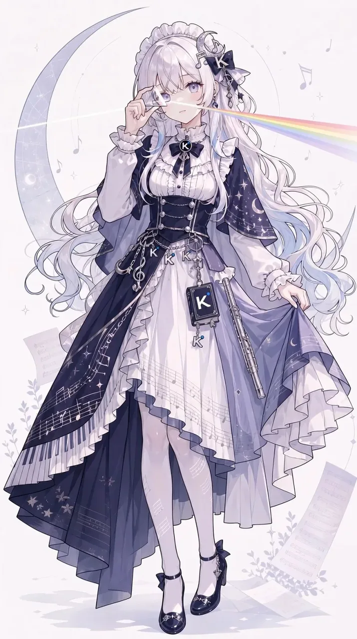 银白长发的少女身着以星月与乐谱纹样装饰的深蓝长裙，胸前蝴蝶结上别着 K 字徽章，手中持一支银色长笛，腰间垂着钢琴键造型的挂饰；她以指轻扶眼前镜片，一道彩虹自眼角斜射而出，身后是一弯新月与漂浮的五线谱。