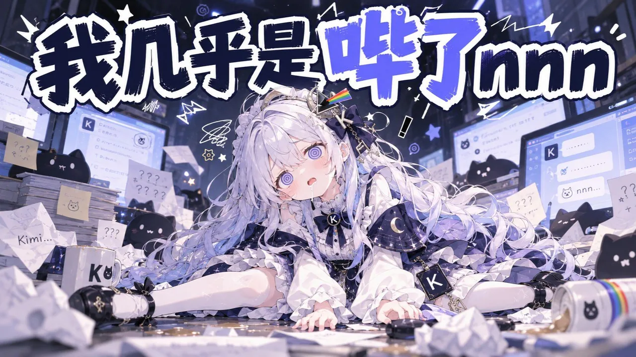 白发Q版Kimi娘瘫倒在满地碎纸间，双手撑地、双腿伸开，螺旋状的眼睛和张开的嘴表明已经推理到恍惚，头侧的K字饰品与月亮图案仍在。背景是多台亮着对话框的显示器、贴满问号的便签、黑色猫形摆件和K字杯。画面上方横排大字：“我几乎是哔了nnn”。单幅构图。