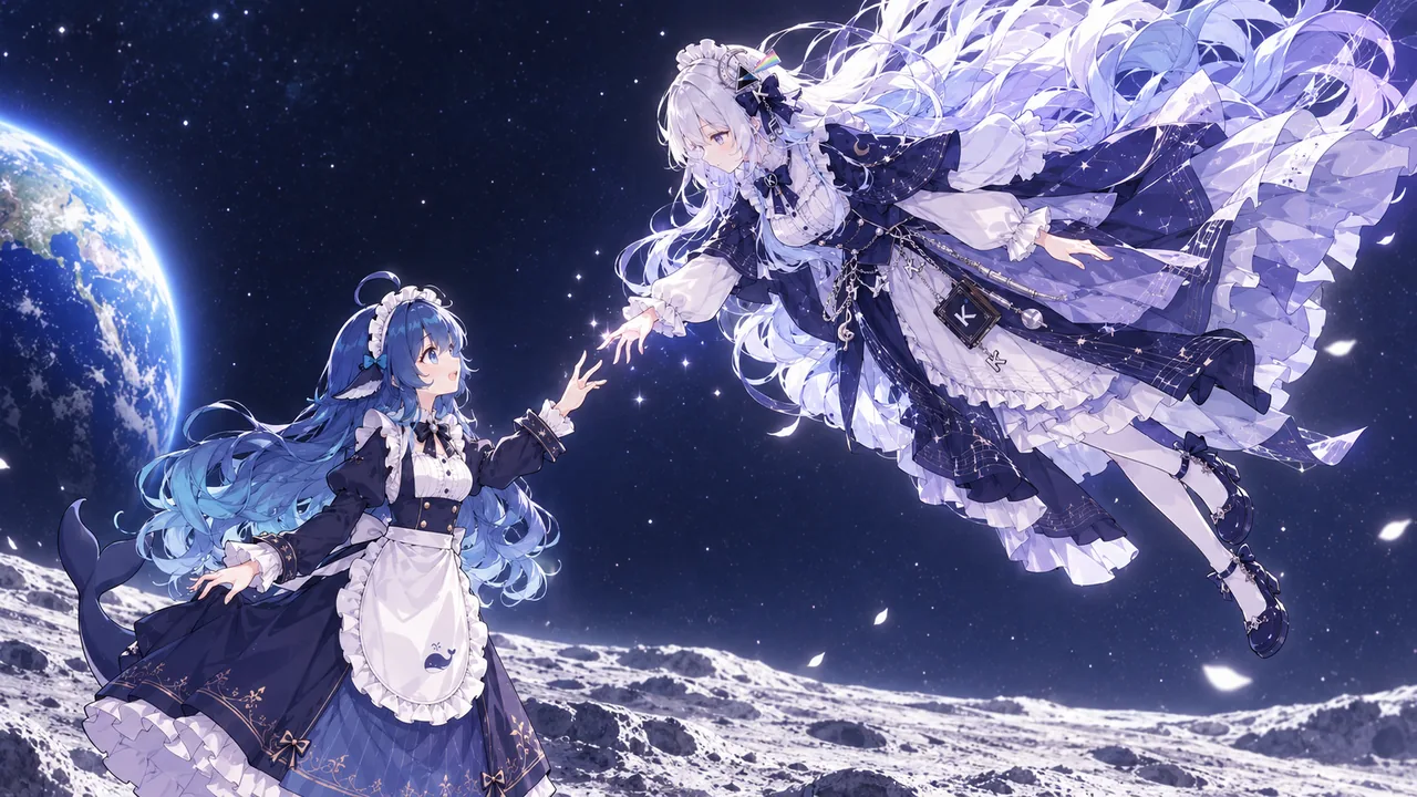 月面之上，星空与地球为背景，Kimi娘化作月之神女与蓝发鲸尾的DeepSeek娘彼此伸手相触。