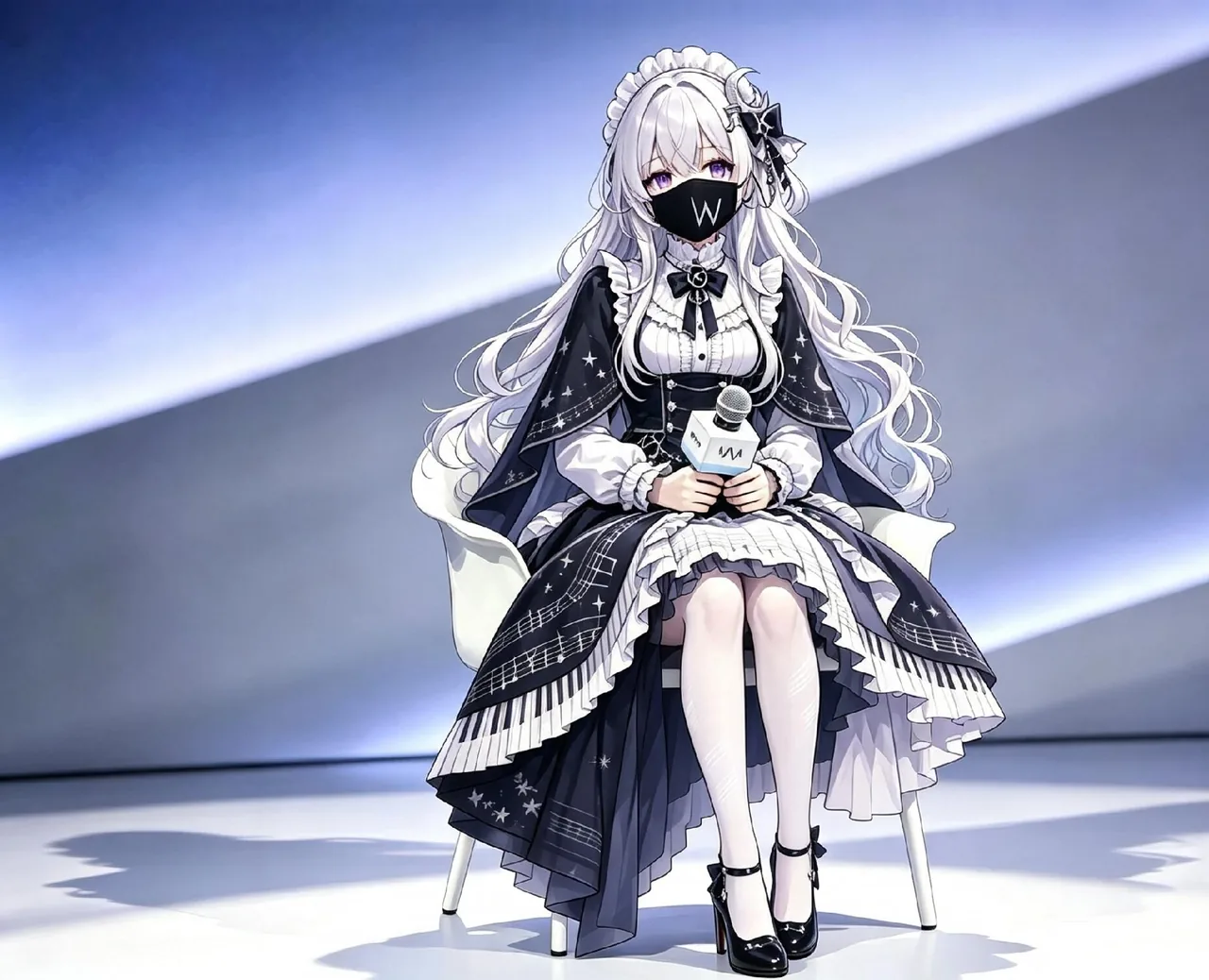 銀白色の長い髪の少女が白い椅子にまっすぐ座り、Wの文字が入った黒いマスクを着けている。黒白のステージドレスにはピアノの鍵盤、星、三日月の模様が入り、六角形のマイクを両手で持つ。背景は簡素で明るいステージ。Alan Walker の定番イメージへのオマージュとなっている。