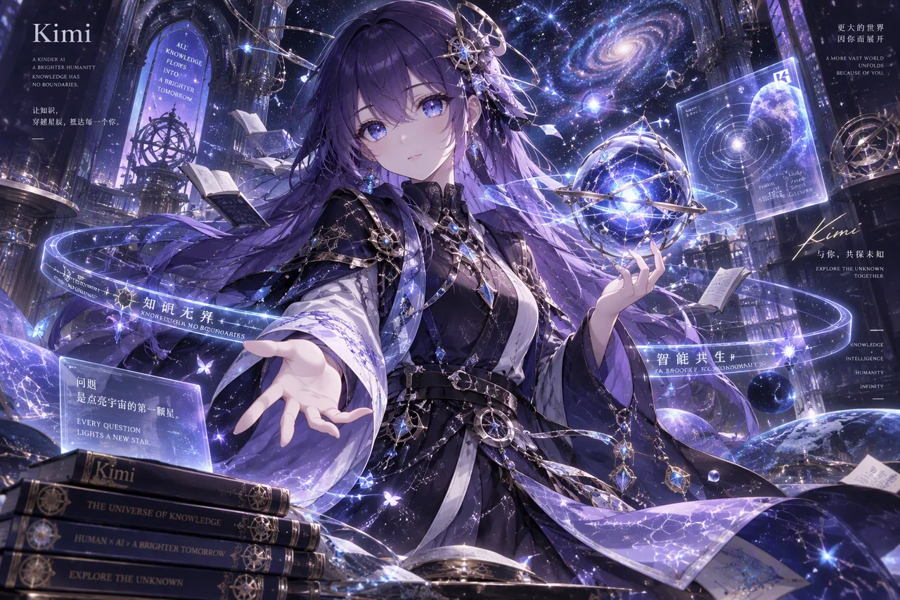 画面中的 Kimi 娘留紫罗兰色长发，身穿深色长裙与银色饰链，站在布满星轨、浮空书页和星球的书架之间；她右手向前伸出，左手托起一颗发光的球体，画面配有「知识无界」「智能共生」等字样。