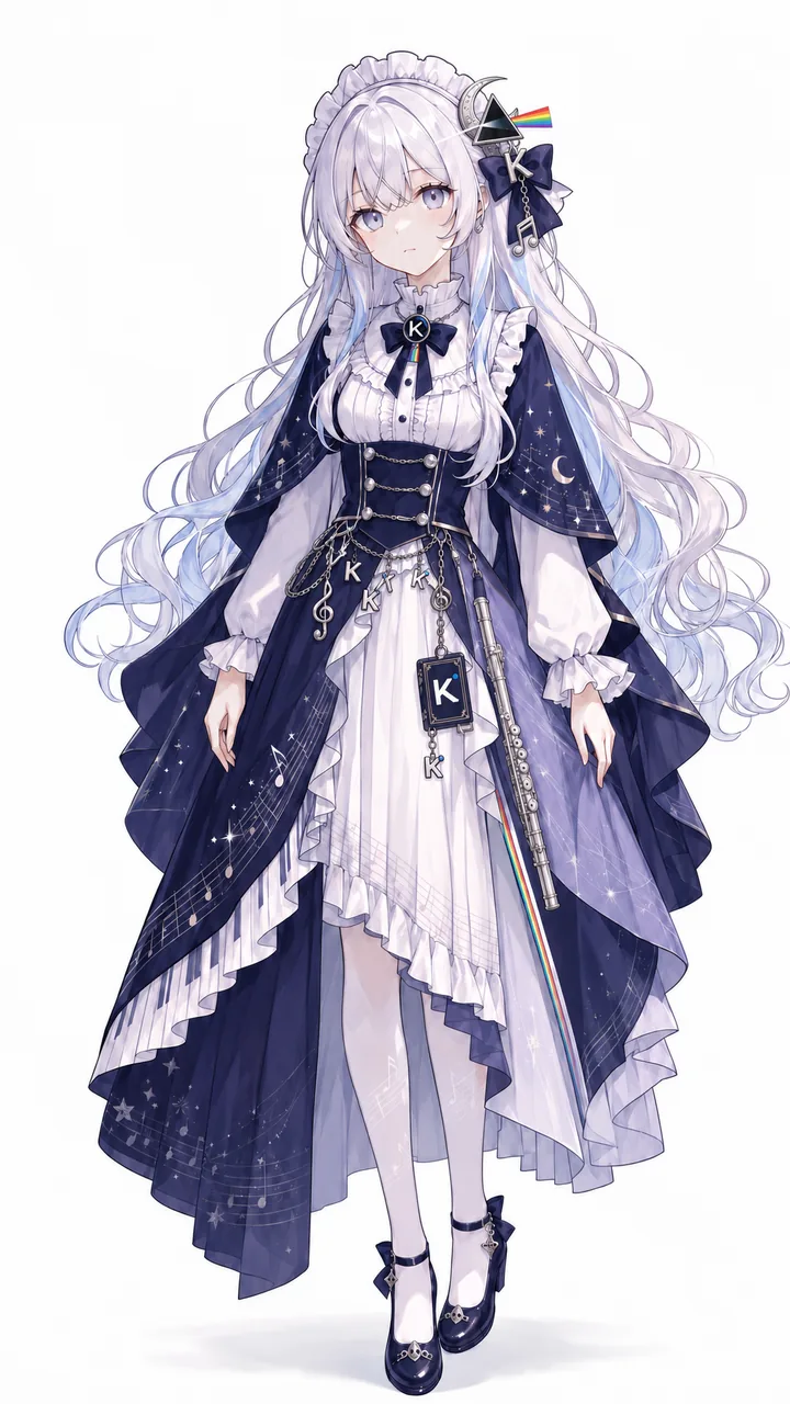 白底全身立绘。Kimi 娘留着银白色长卷发，戴白色女仆头饰，发侧别着新月与彩虹三角组成的装饰；身穿夜空主题的深蓝披肩长裙，布面布满星星、五线谱与钢琴键纹样，内搭白色荷叶边衬衫。腰侧挂着银色长笛，笛身带一道彩虹条纹，链子上串着写有 K 字的小牌子，脚下是白色裤袜与深蓝皮鞋。