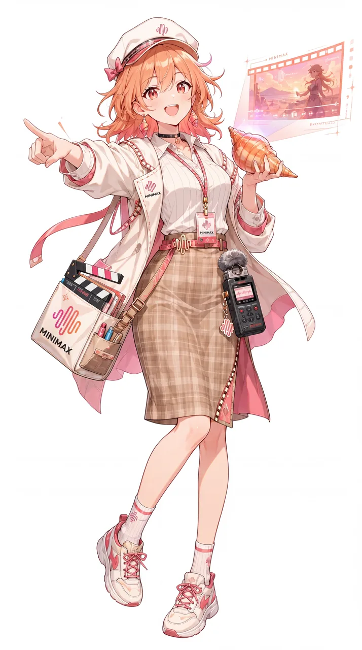 白い背景の全身立ち絵です。MiniMaxちゃんはオレンジ色のショートヘアで、ピンクの波形ロゴが入った白いキャスケット帽をかぶり、白いシャツにオフホワイトのロングコート、フィルムの縁取りがついた茶色のチェックのペンシルスカートを合わせています。片手にオレンジ色の巻貝を掲げ、もう片方の手で前方を指し、腰には毛のついたマイク付きのボイスレコーダーが下がっています。肩のトートバッグにはMINIMAXのロゴとカチンコが描かれ、横には映像の再生画面が浮かんでいます。