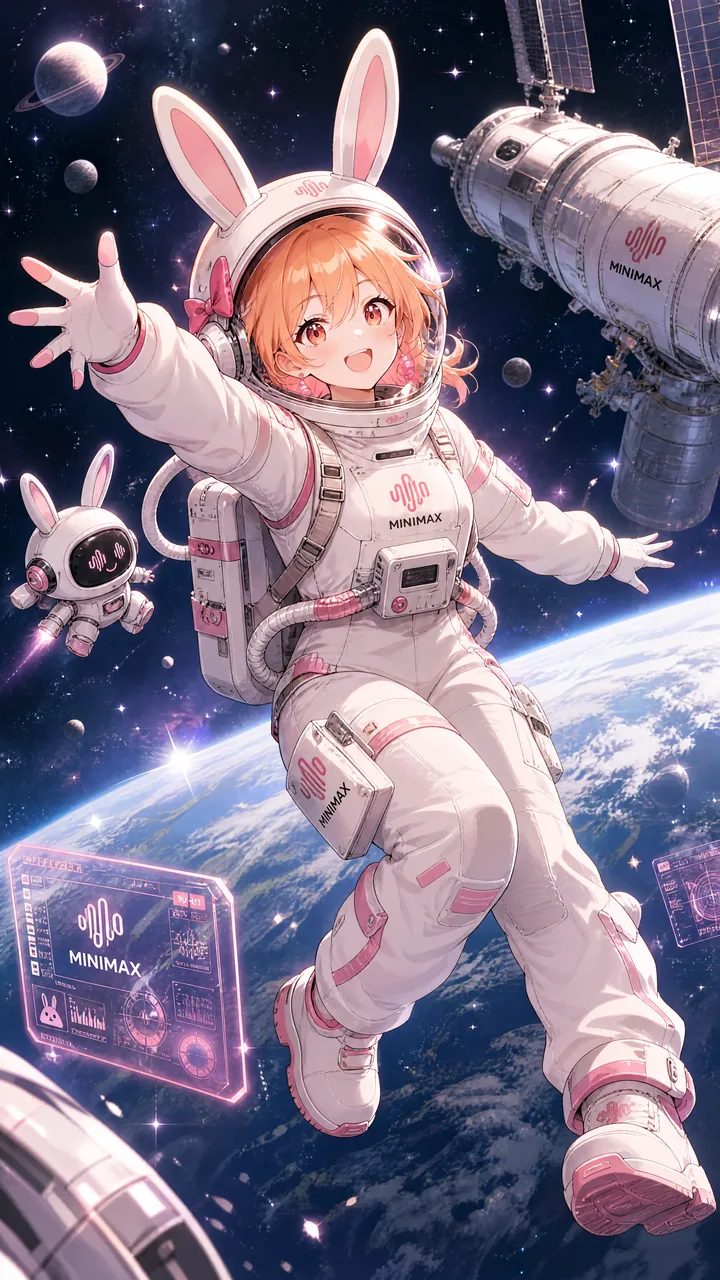オレンジ色のショートヘアの少女が、MiniMax のロゴが入った白い宇宙服とウサギ耳のヘルメットを身につけ、地球の軌道上で両手を広げて浮かんでいる。背景には星空と惑星、宇宙ステーションが広がり、そばにはウサギ型ロボットが寄り添い、光るホログラムパネルが周囲に浮かぶ。