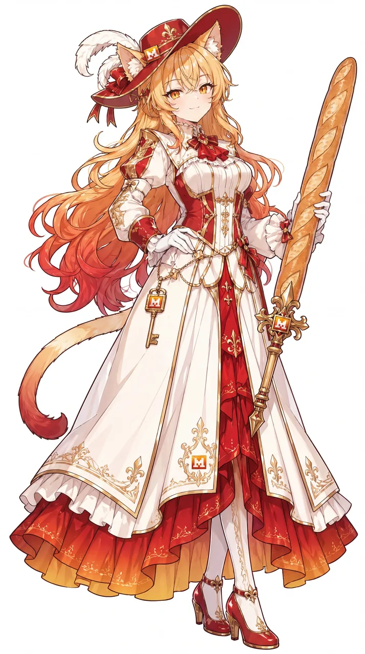 白底全身立绘。Mistral 娘留着橙红色长发，头顶一对狐耳，戴着缀白羽毛与金色百合纹的红色宽檐帽，帽侧别着方形 M 字徽章；一身红白相间的宫廷礼裙，金色滚边与鸢尾花刺绣层层铺开，腰间的链子上挂着一把 M 字钥匙，手中握着以法棍为刃的长剑，身后一条橙色蓬尾轻卷。