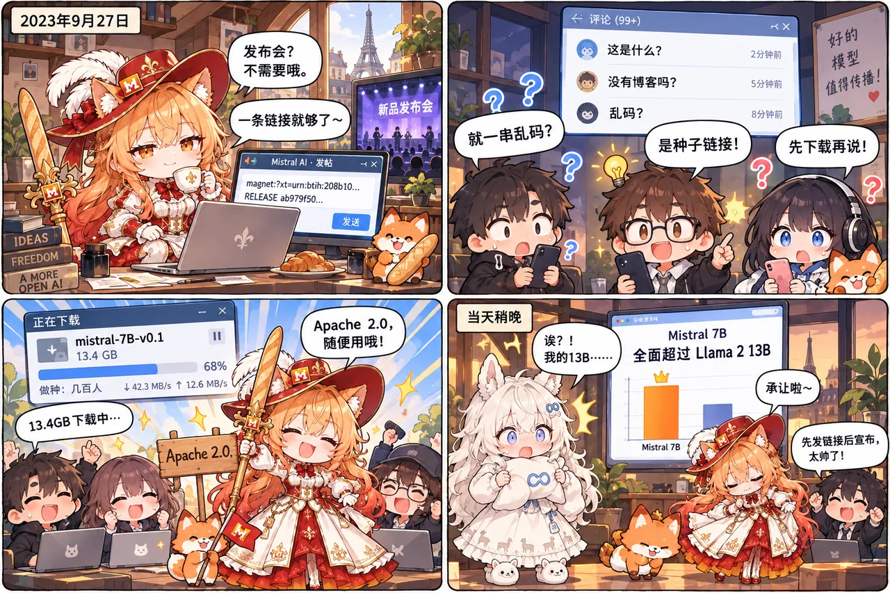 四格漫画：2023 年 9 月 27 日，Mistral娘不开发布会，只在自己的帖子里丢出一条 magnet 磁力链接，直接放出 mistral-7B-v0.1。围观网友先是把它当成乱码，反应过来后一拥而上，13.4GB 的模型在几百人做种下高速下载，授权为 Apache 2.0。当天稍晚，评测榜单显示 Mistral 7B 全面超过 Llama 2 13B，抱着抱枕的 Llama娘当场愣住。
