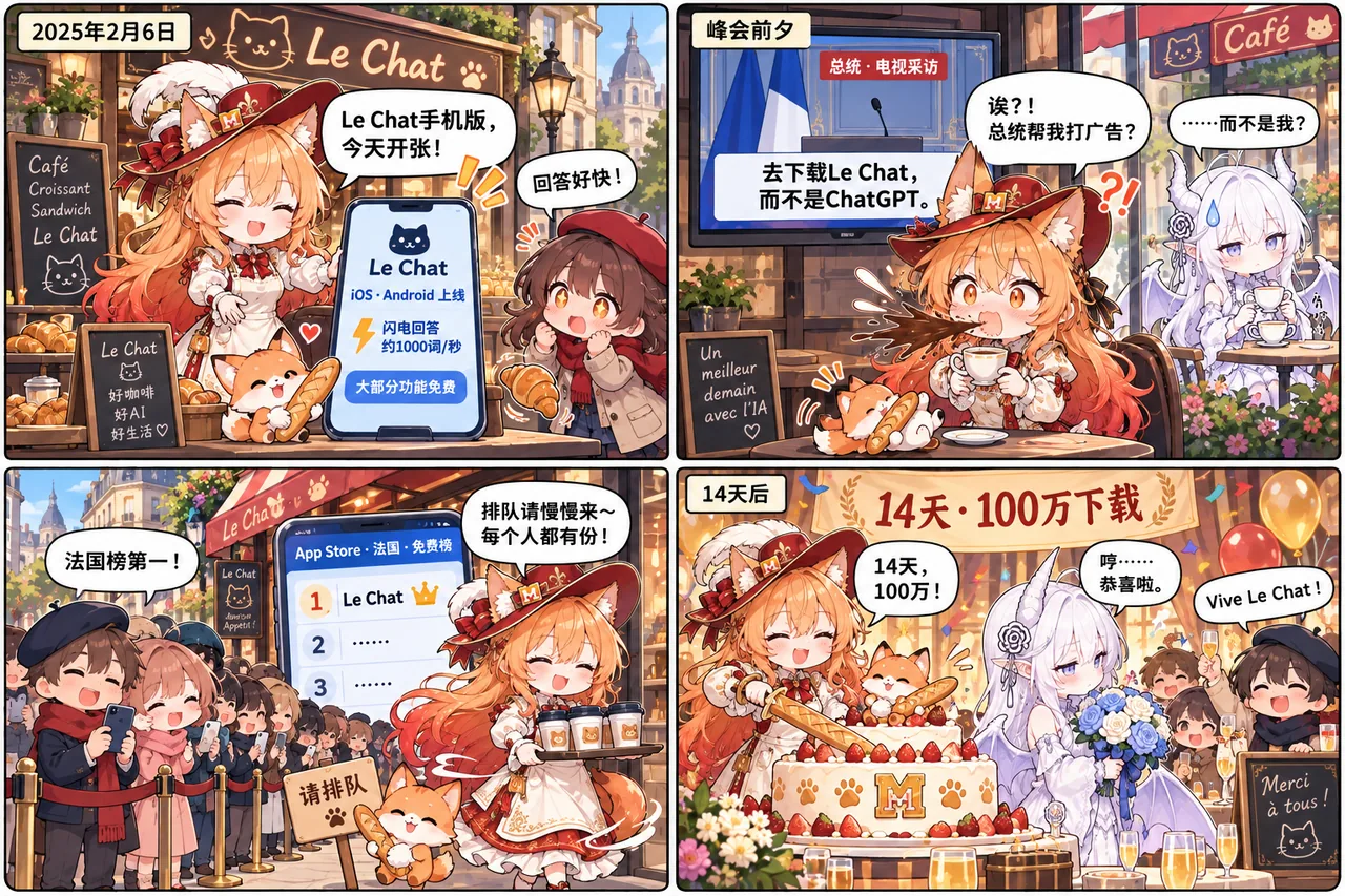 Mistralちゃんが営むLe Chatカフェが、スマホアプリの登場に合わせて開店する4コマ漫画。テレビインタビューでフランス大統領がChatGPTではなくLe Chatのダウンロードを呼びかけ、隣の白龍ちゃんは「……私じゃなくて？」と驚く。14日後には100万ダウンロードを突破し、店にはお祝いのケーキが運ばれる。作者の原文メモ：「大統領が自ら宣伝してくれた！？MistralちゃんのLe Chat店は開店14日で100万人のお客さんが来た（隣の白龍ちゃん、ちょっと気にしているみたい）」。