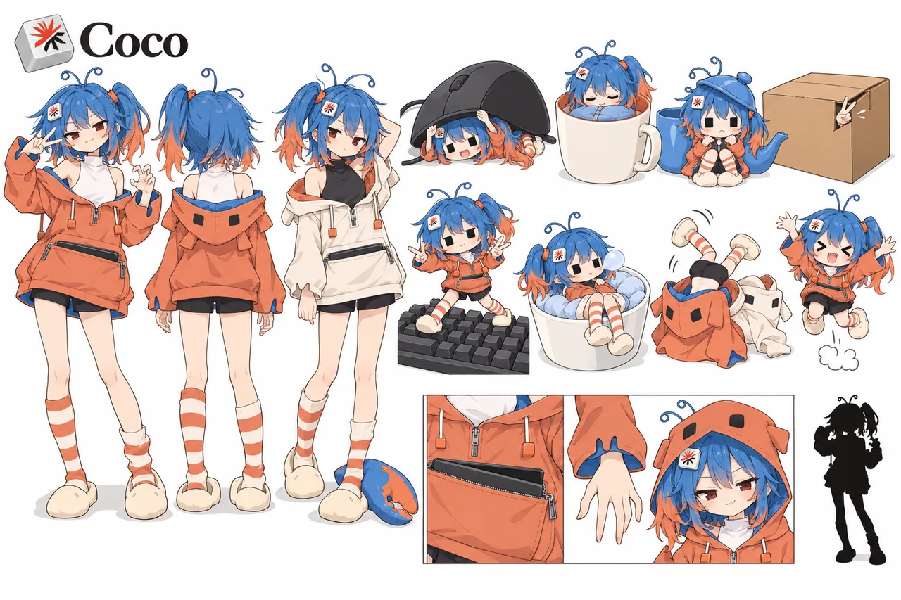 Coco（ココ）のキャラクター設定表。左上に名前とキーボードのキーキャップのロゴが記されている。左側はオレンジ色のパーカーに黒いショートパンツ、白とオレンジのボーダーソックス、白いスリッポンを合わせた正面・背面の立ち絵と、生成り色パーカーの別カラー案。右側にはマウスの下にもぐり込む、段ボール箱から顔を出す、マグカップの中に縮まって眠るといったデフォルメの日常ポーズが並び、下にはパーカーのファスナー、ポケット、袖口、フードをかぶった状態のディテール分解も描かれている。投稿者による説明：Coco は Clawd の（擬似）女性化キャラクターで、パソコンのターミナルの中に住む小さな子という設定。イラストは GPT で描かれ、ヘアピンは後から友人に直してもらった。CC BY-NC 4.0 で公開。