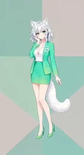 开源项目 Agent Stage 的角色舞台动效画面：白发兽耳少女穿绿色西装外套与短裙、白色衬衫和绿色高跟鞋，胸前别着圆形工作牌，身后垂着蓬松白尾，站在浅绿几何色块背景前。作者自述为自行生成，并允许本站收录。