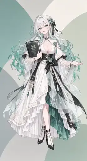 开源项目 Agent Stage 中 Codex 角色的正常版舞台形象：白发少女手持黑色书本，身着白色长裙，裙摆与飘带带墨绿色调，背景为简洁几何色块。作者自行生成并允许本站收录。