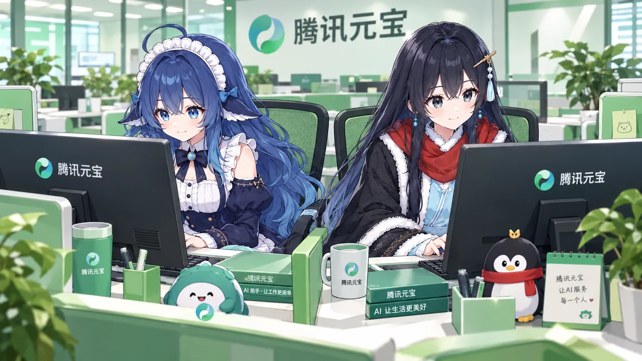 两位拟人化 AI 少女并排坐在腾讯元宝主题办公室里对着电脑办公的场景插画。
