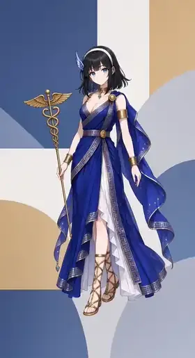 A full-body illustration of an AI-product personification of Hermes: a dark-haired messenger figure with a winged ornament at one temple, wearing a deep blue Greek-style gown with gold trim, metal armbands and strappy sandals, and holding a winged caduceus staff with two entwined snakes, against geometric blocks of blue, gold and cream.